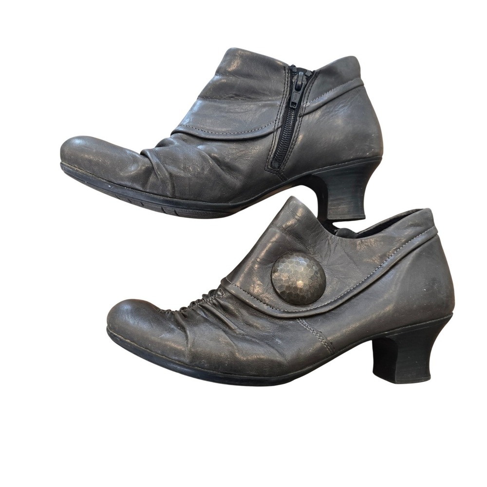 Rieker Womens Gray Leather Ruched Ankle Boots Side Zip Decorative Button Heel 39